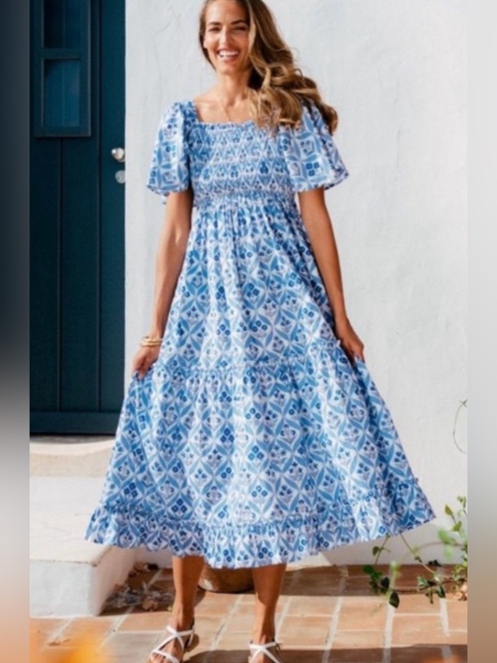 Pink City Prints Lolita Blue Trellis Midi Dress- size xsmall - EUC